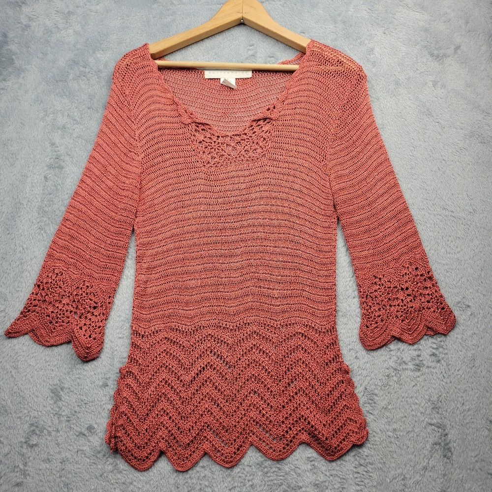 Bette Paige Womens Crochet Sweater Size Large Airy Knit Romantic Hippie Earthy